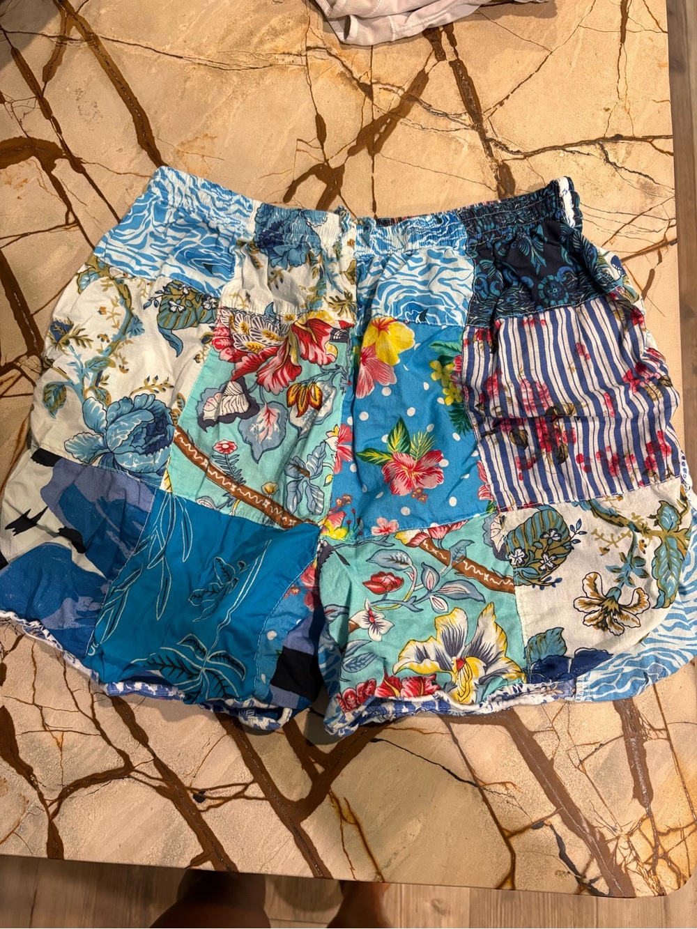Rahabs Rope Patchwork Floral Blue Women's Elastic-Waist Shorts